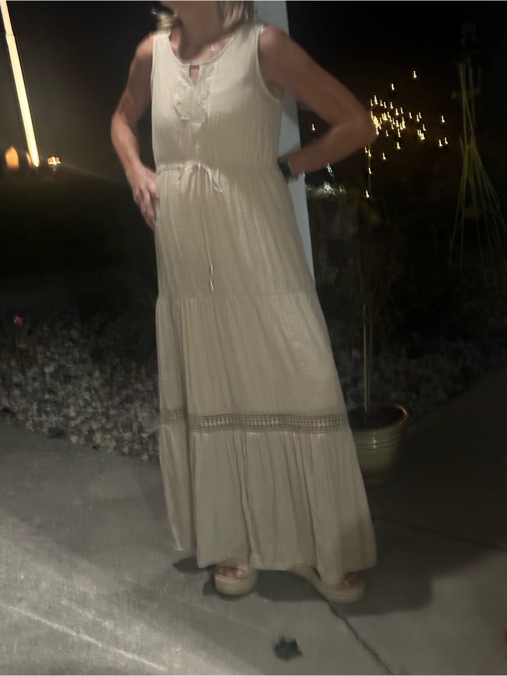 Indigo Rose Cream Boho Maxi Dress with lace detail in a size small.